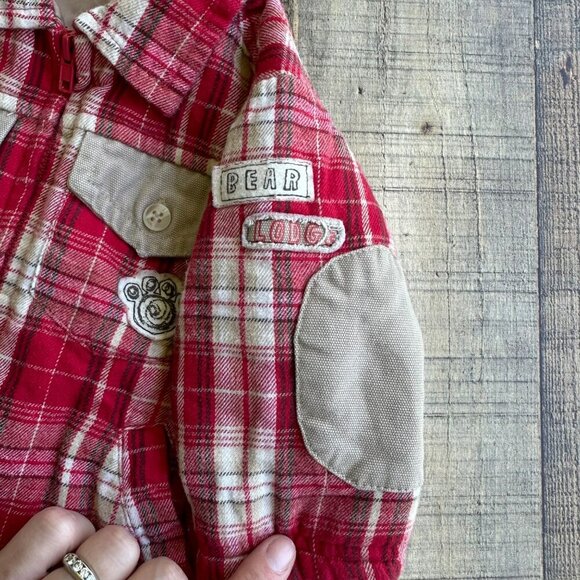 Baby Q red plaid jacket boys 6-9 months lining bear lodge design elbow patches - Picture 6 of 7